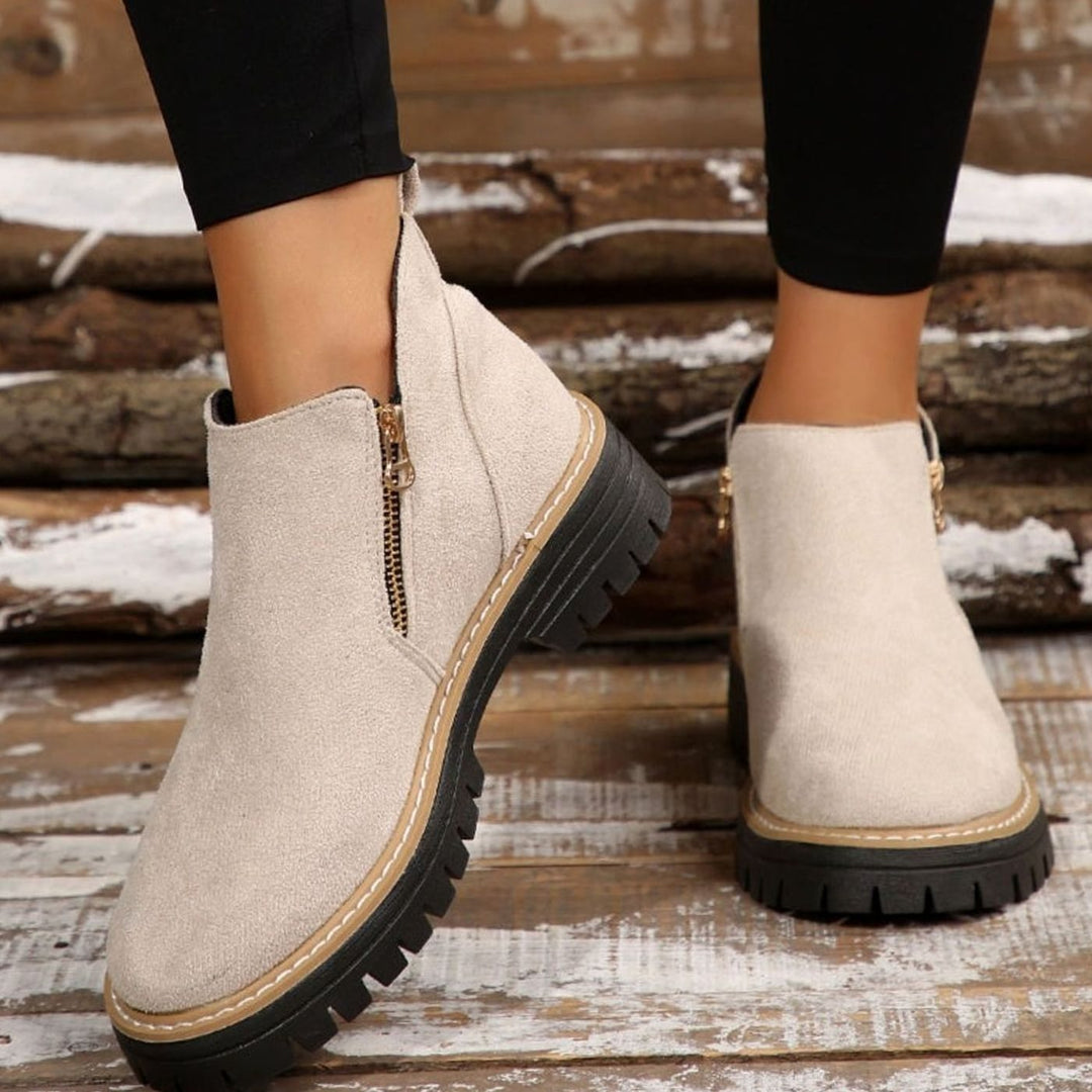 Women's Suede-Look Platform Ankle Boots Side-Zip Chunky Sole - Beige