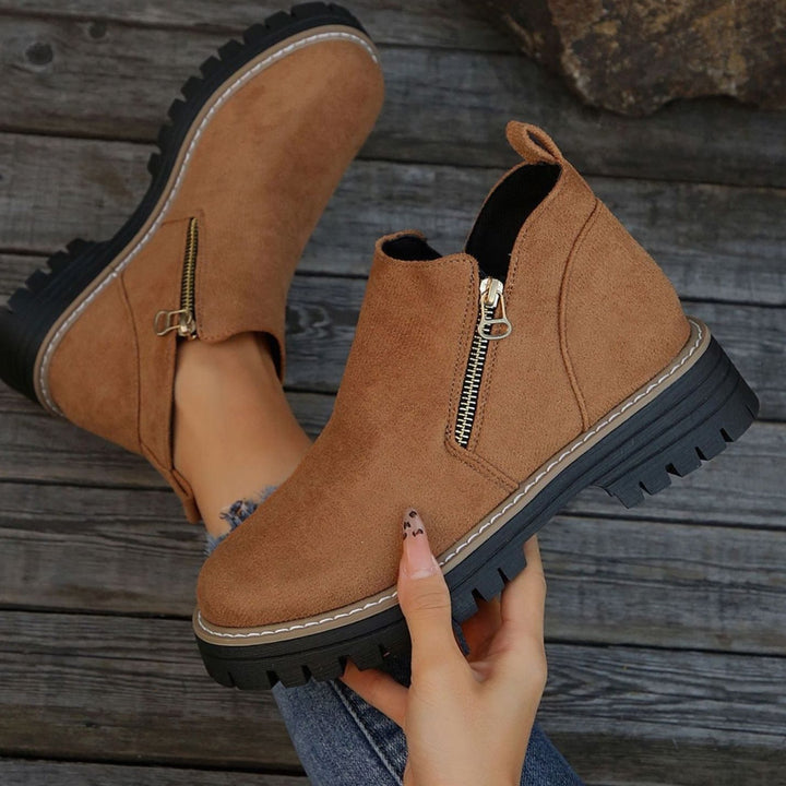 Women's Suede-Look Platform Ankle Boots Side-Zip Chunky Sole - Brown