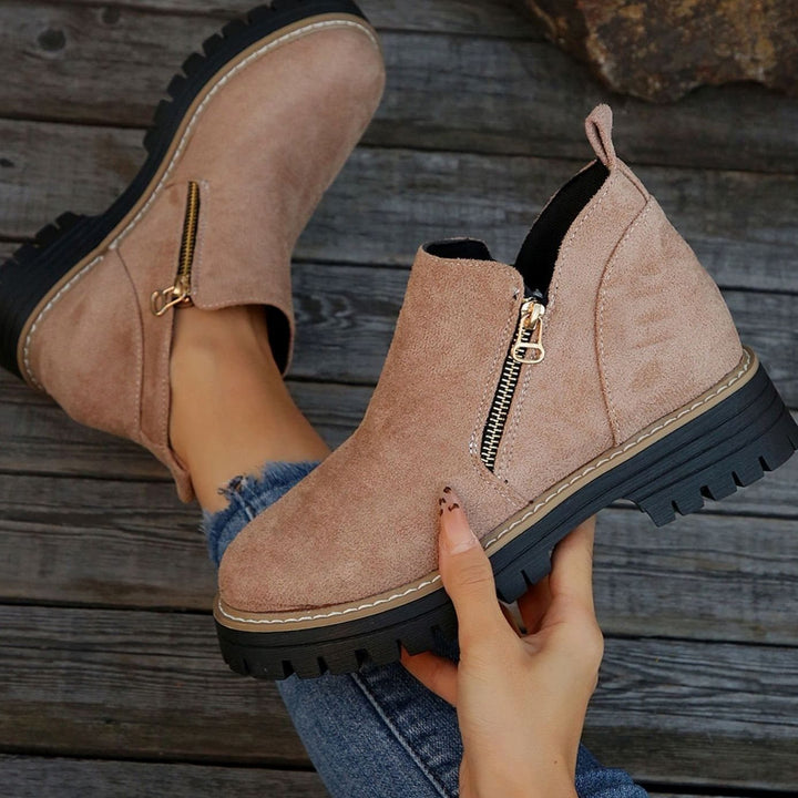 Women's Suede-Look Platform Ankle Boots Side-Zip Chunky Sole - Pink