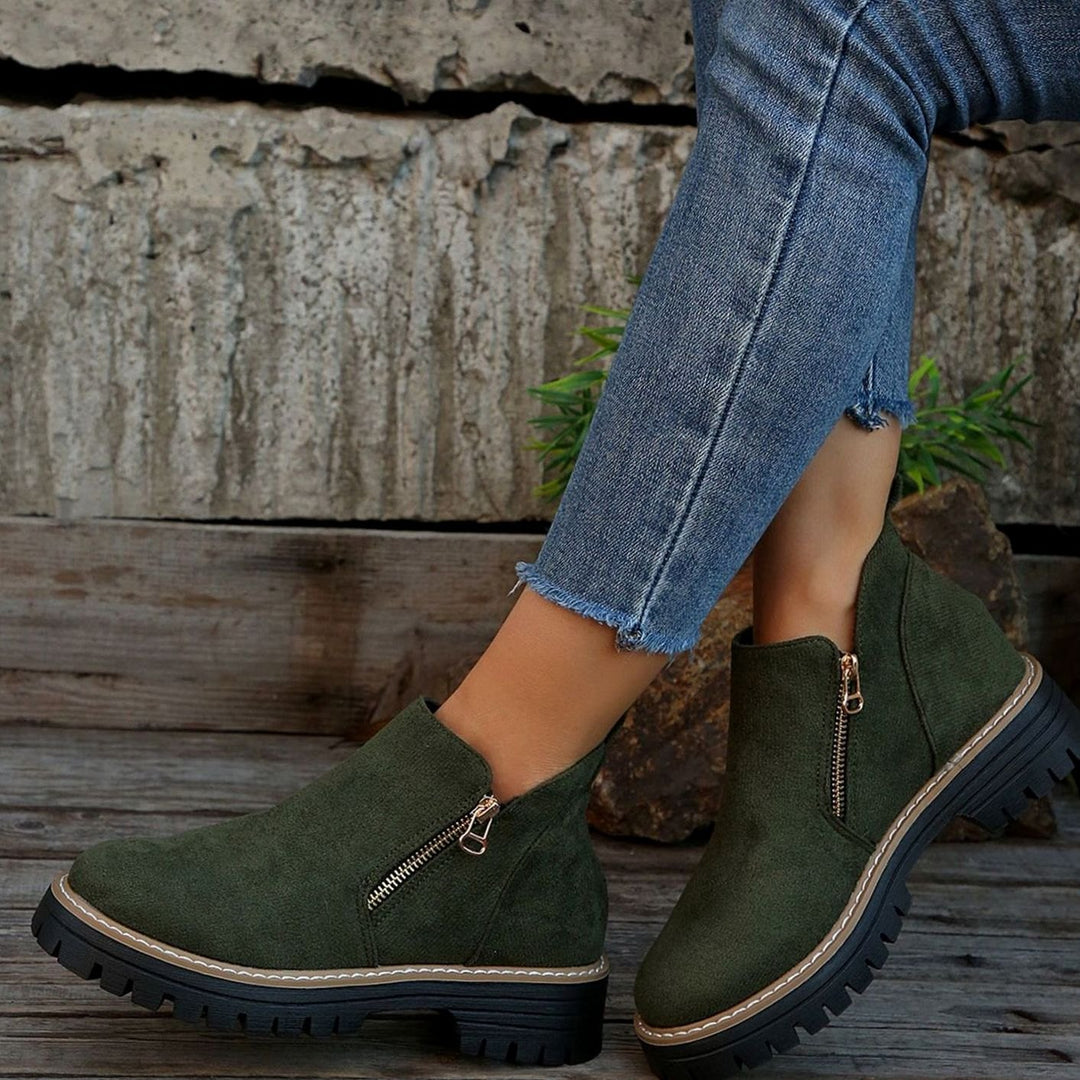 Women's Suede-Look Platform Ankle Boots Side-Zip Chunky Sole - Green