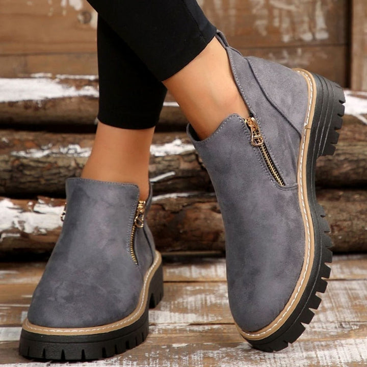 Women's Suede-Look Platform Ankle Boots Side-Zip Chunky Sole - Gray