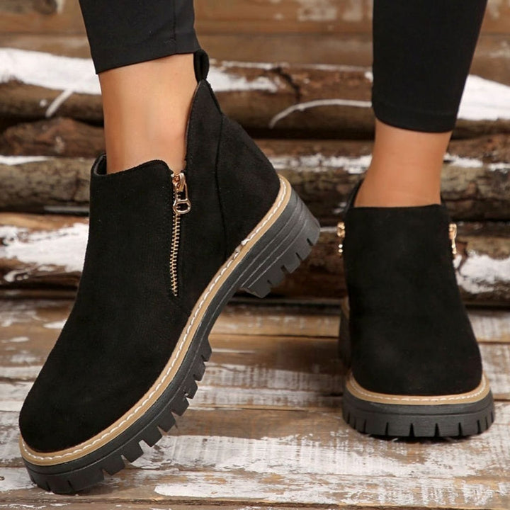 Women's Suede-Look Platform Ankle Boots Side-Zip Chunky Sole - Black