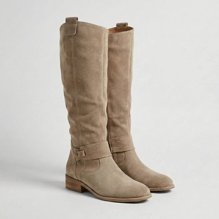 Women's Suede-Look Slouchy Knee High Boots Low Heel - Beige
