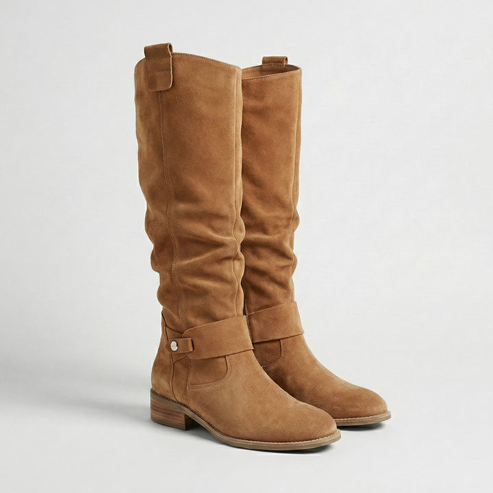 Women's Suede-Look Slouchy Knee High Boots Low Heel - Light Brown