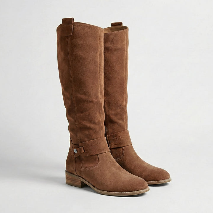 Women's Suede-Look Slouchy Knee High Boots Low Heel - Brown
