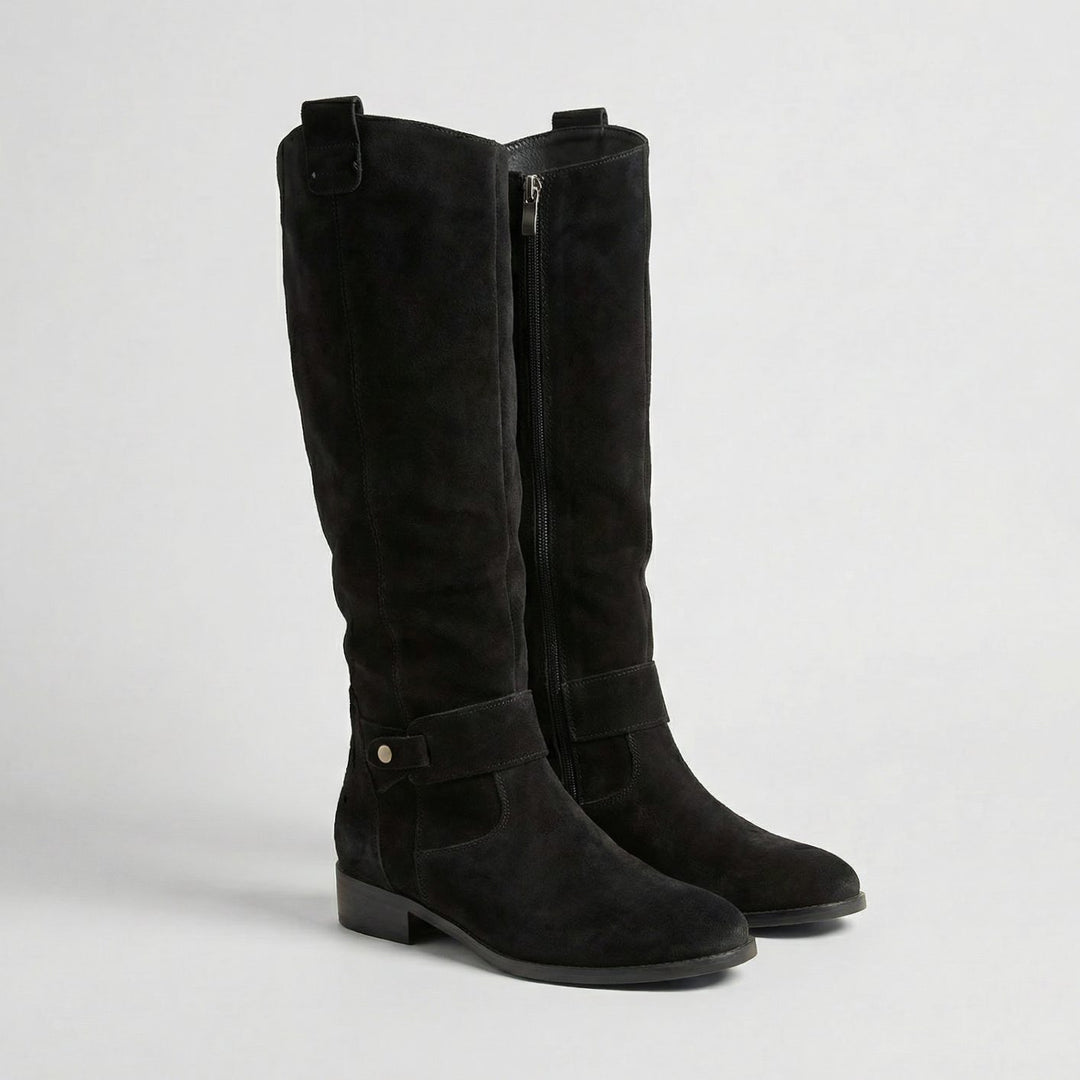 Women's Suede-Look Slouchy Knee High Boots Low Heel - Black