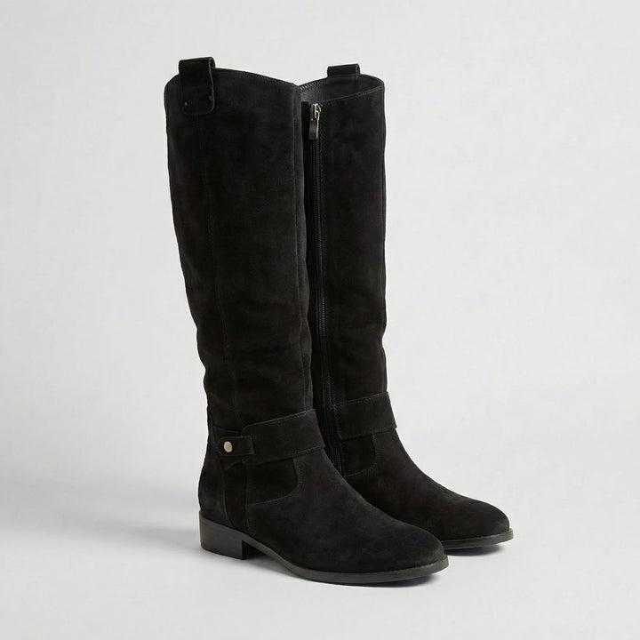 Women's Suede-Look Slouchy Knee High Boots Low Heel - Black