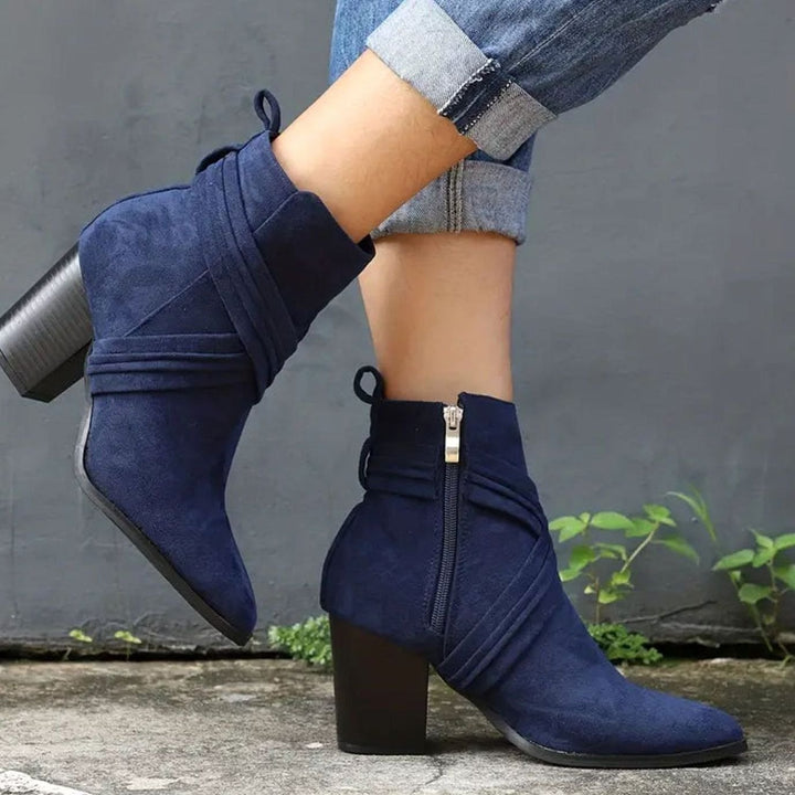 Women's Suede Pointed-Toe Side-Zipper Chunky Heel Ankle Booties - Blue