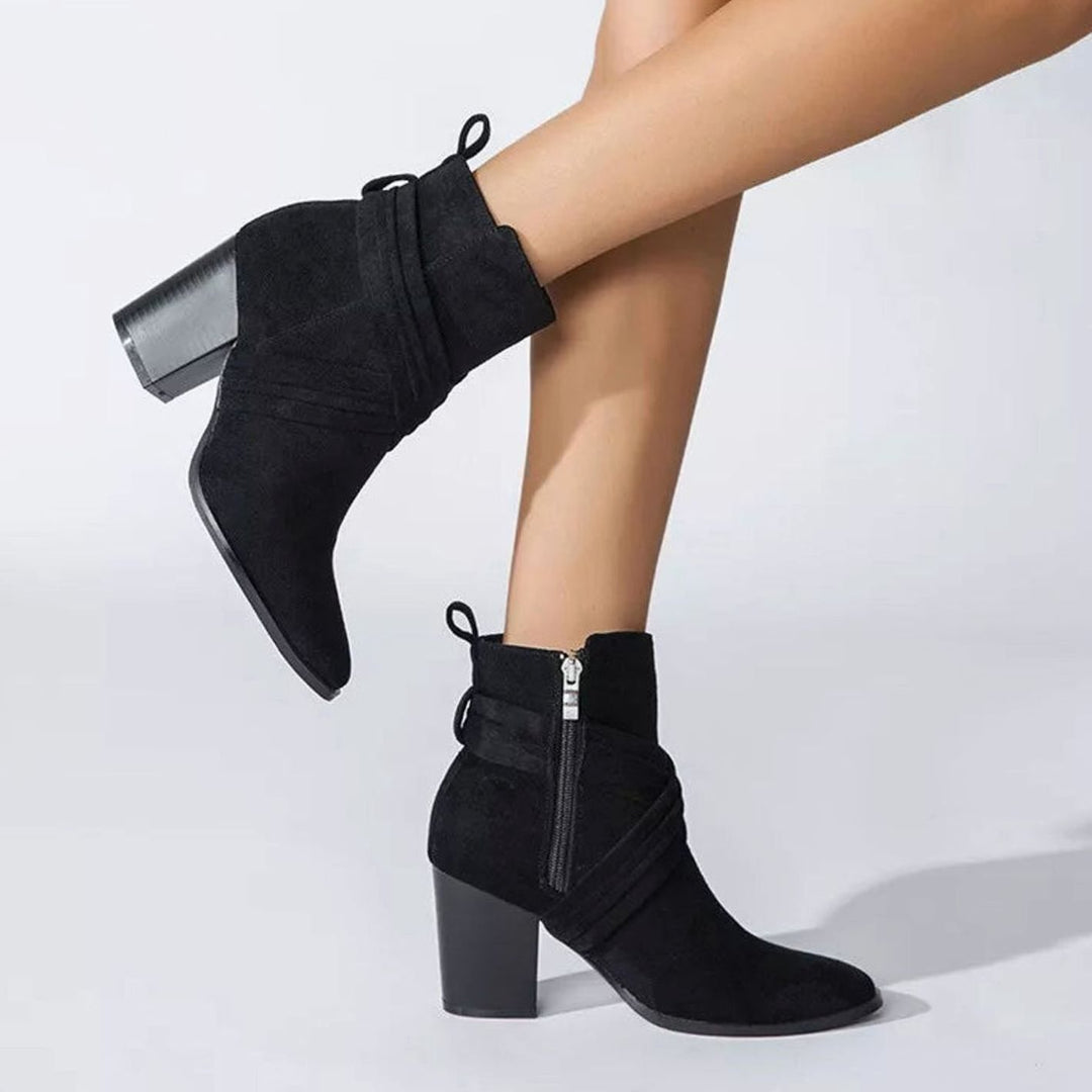 Women's Suede Pointed-Toe Side-Zipper Chunky Heel Ankle Booties - Black