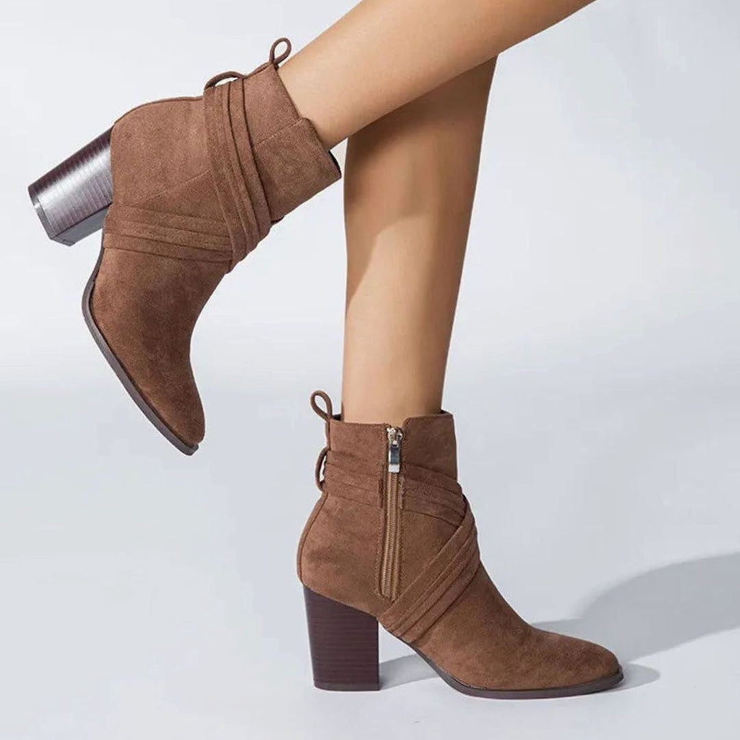 Women's Suede Pointed-Toe Side-Zipper Chunky Heel Ankle Booties - Brown