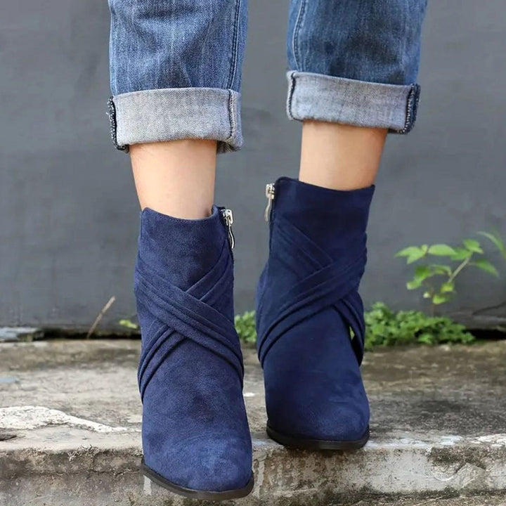 Women's Suede Pointed-Toe Side-Zipper Chunky Heel Ankle Booties