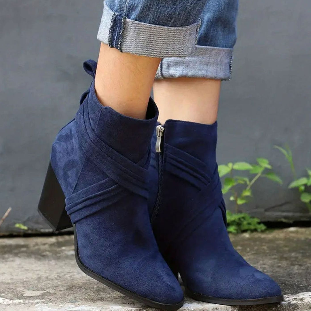 Women's Suede Pointed-Toe Side-Zipper Chunky Heel Ankle Booties