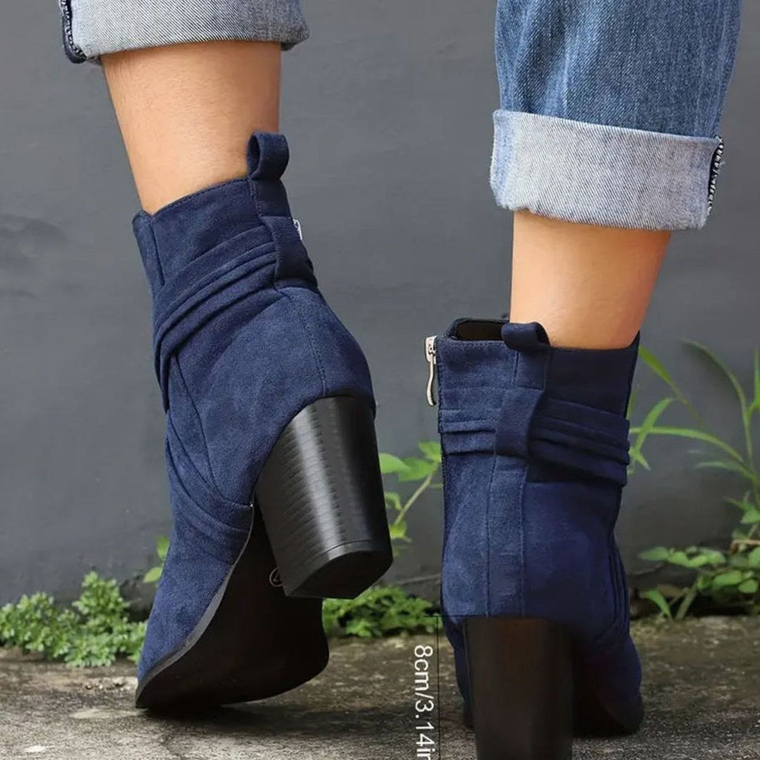 Women's Suede Pointed-Toe Side-Zipper Chunky Heel Ankle Booties