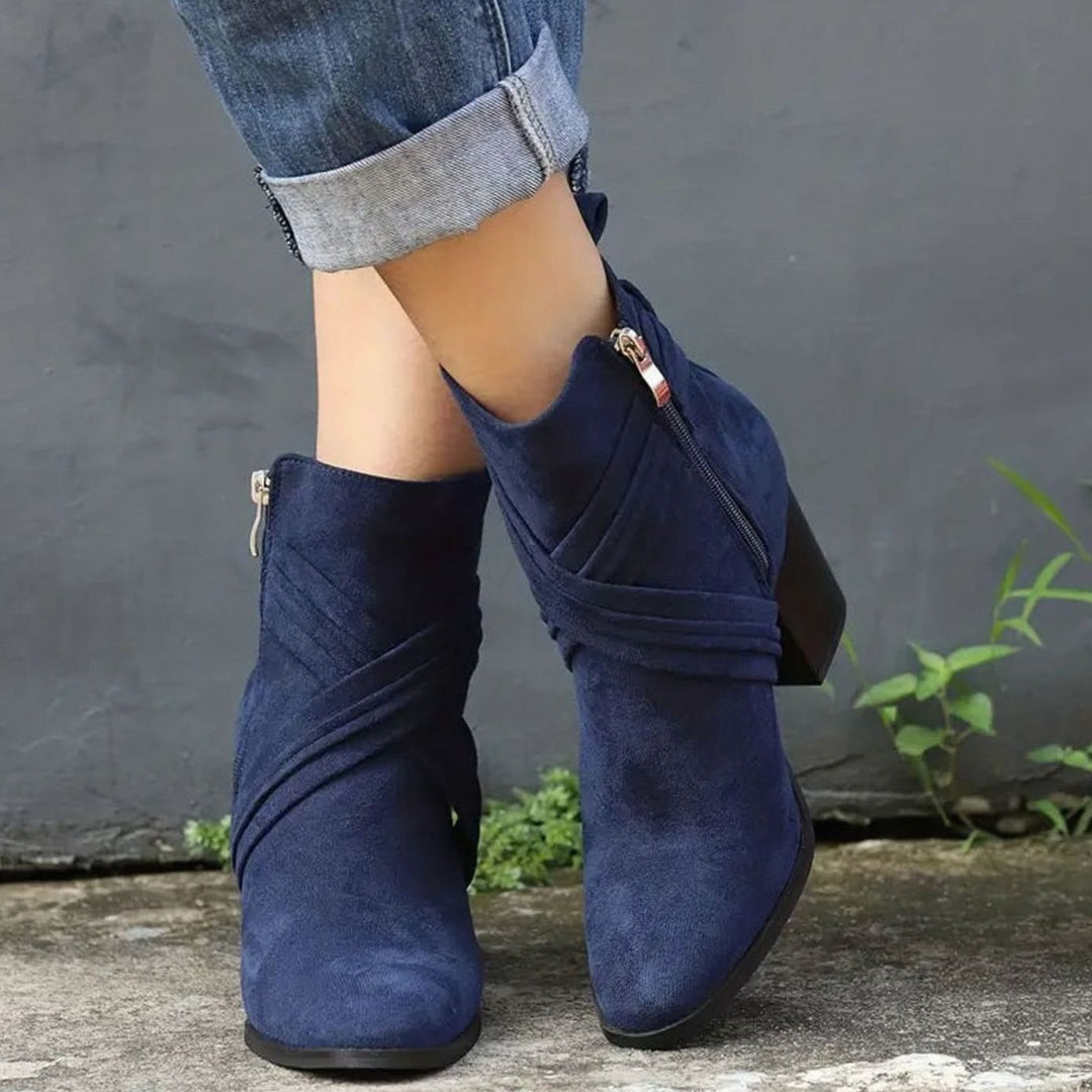 Women's Suede Pointed-Toe Side-Zipper Chunky Heel Ankle Booties