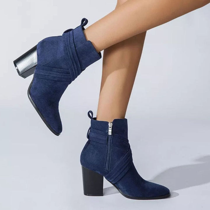 Women's Suede Pointed-Toe Side-Zipper Chunky Heel Ankle Booties