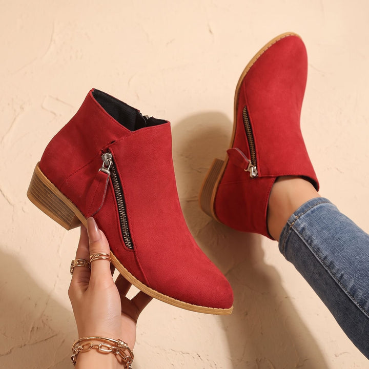 Women's Suede Side Zip Block Heel Ankle Booties - Red