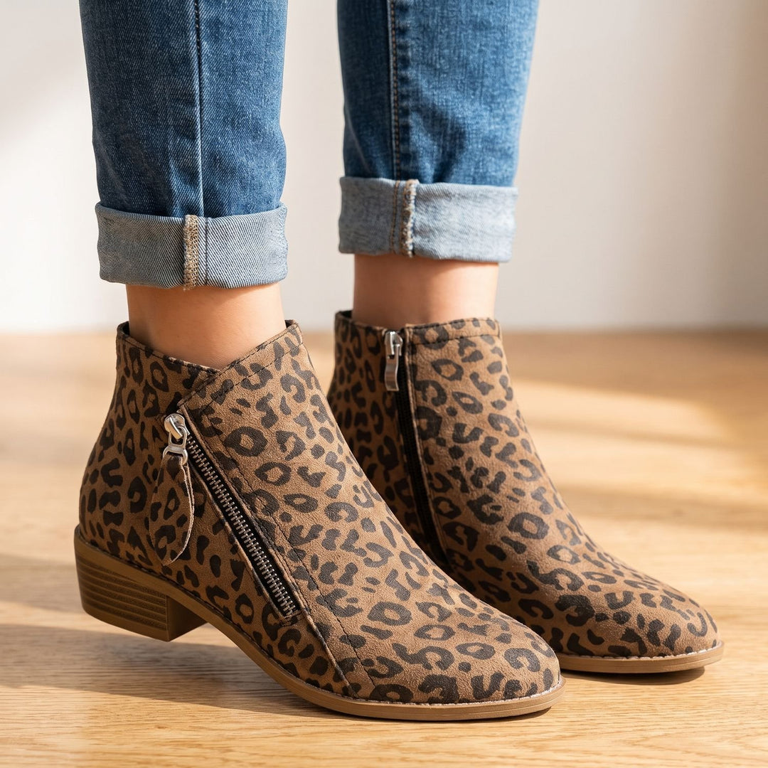 Women's Suede Side Zip Block Heel Ankle Booties - Leopard Print