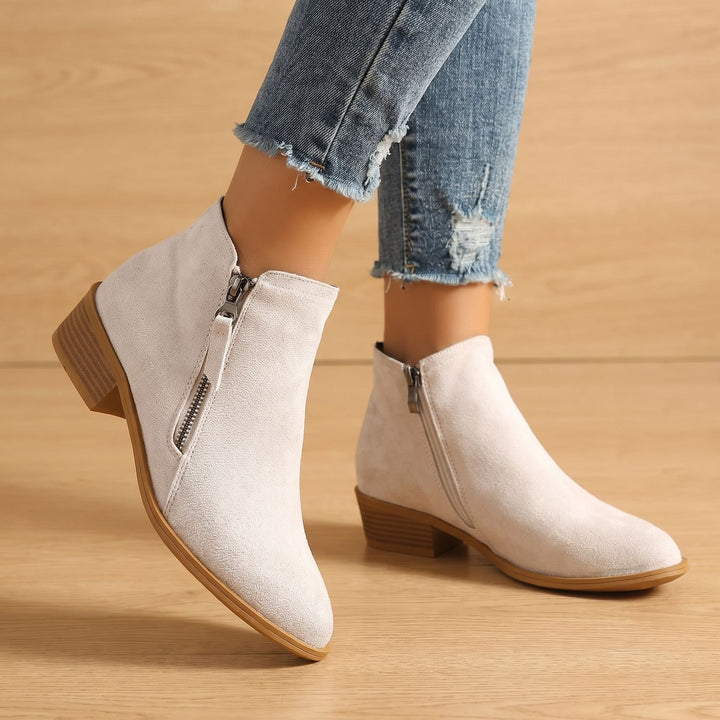 Women's Suede Side Zip Block Heel Ankle Booties - Beige
