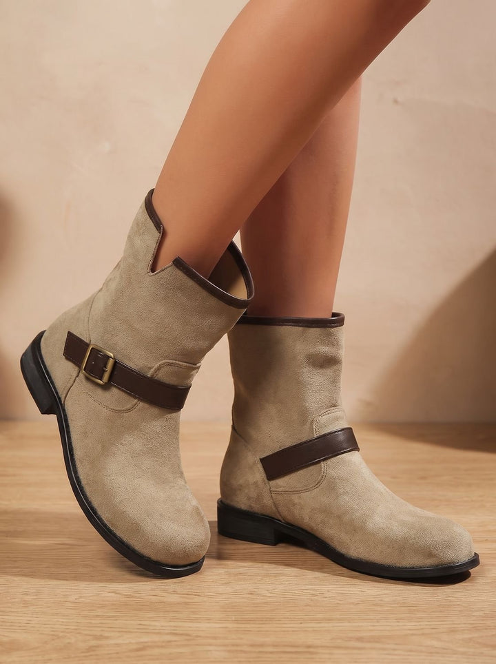 Women's Suede Slip-On Ankle Boots Buckle Strap Low Block Heel