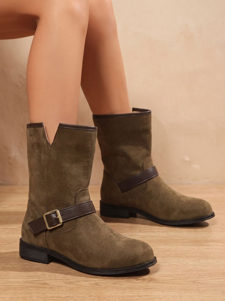 Women's Suede Slip-On Ankle Boots Buckle Strap Low Block Heel