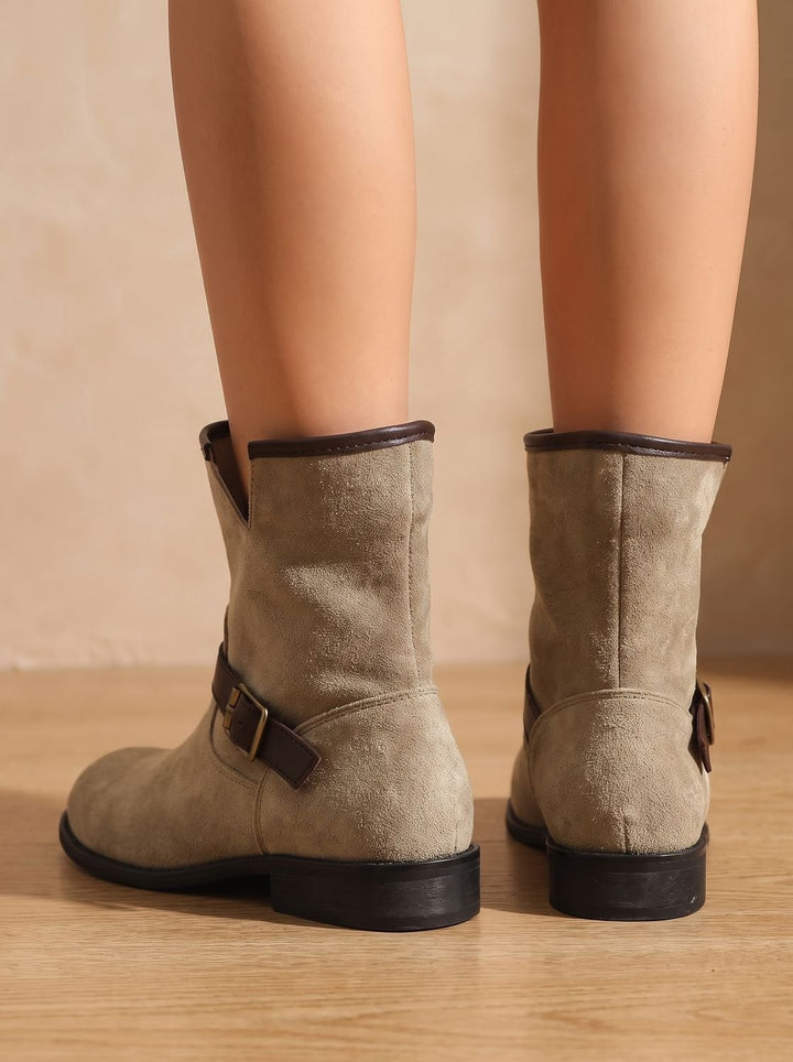 Women's Suede Slip-On Ankle Boots Buckle Strap Low Block Heel