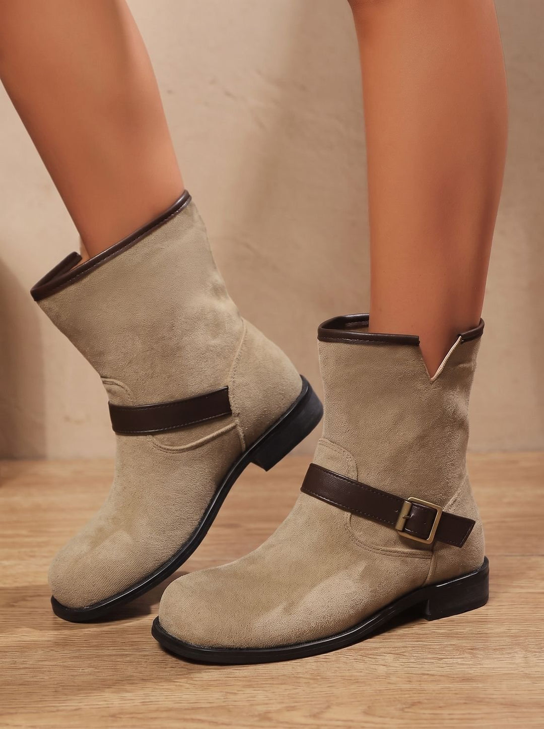 Women's Suede Slip-On Ankle Boots Buckle Strap Low Block Heel