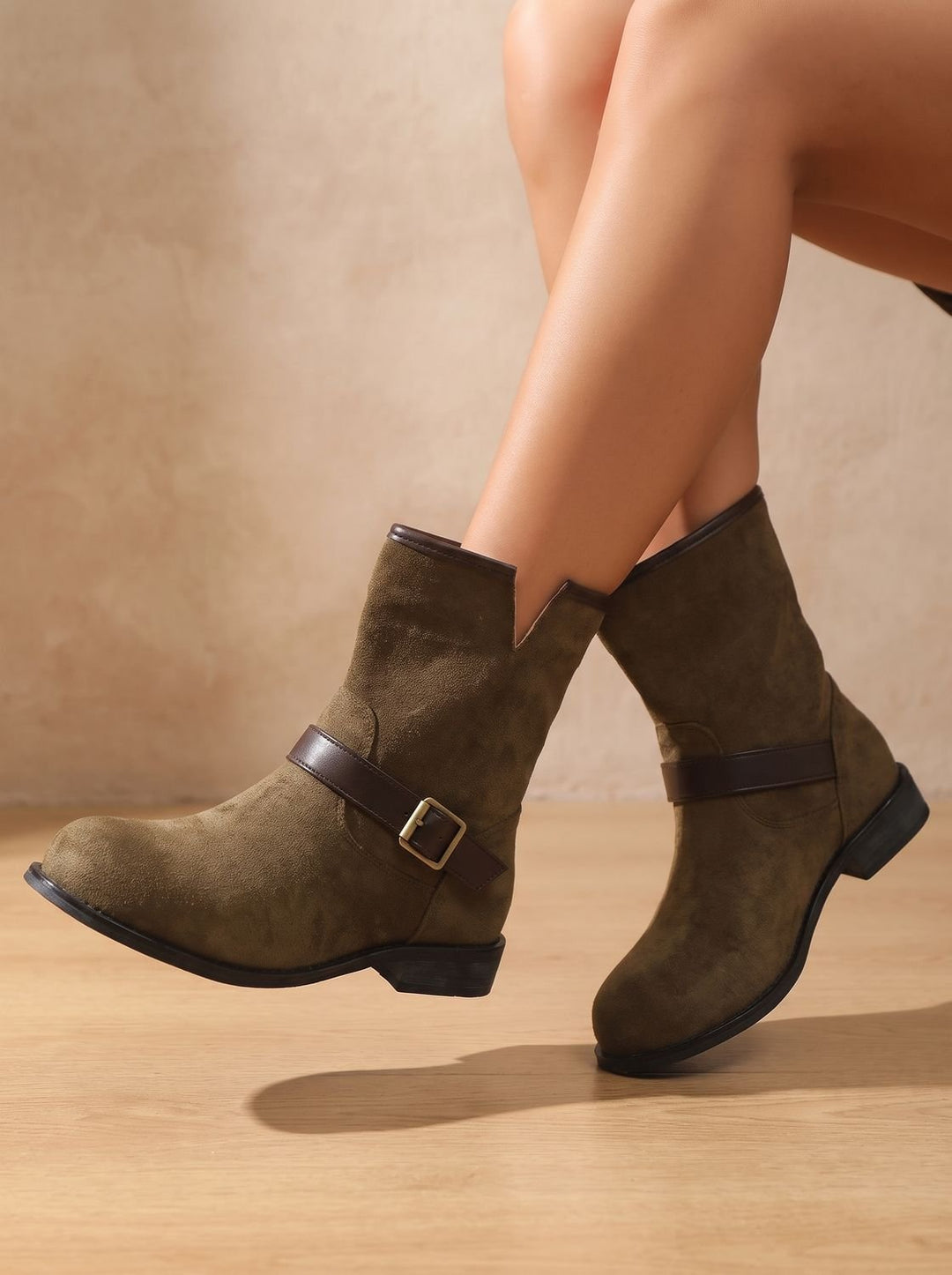 Women's Suede Slip-On Ankle Boots Buckle Strap Low Block Heel - Dark Brown
