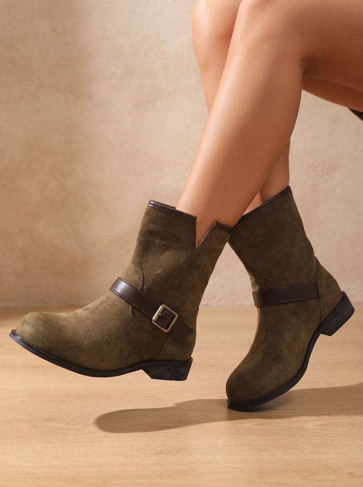 Women's Suede Slip-On Ankle Boots Buckle Strap Low Block Heel - Dark Brown