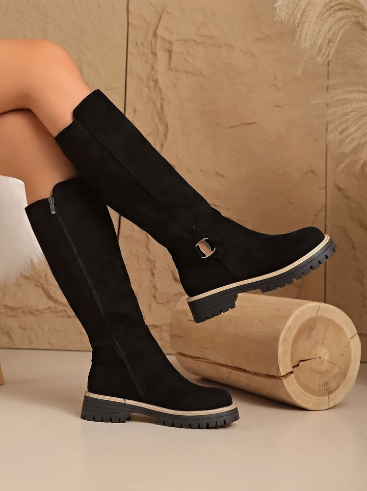 Women's Suede-Style Buckle-Accent Side-Zip Knee High Boots, Black - Black