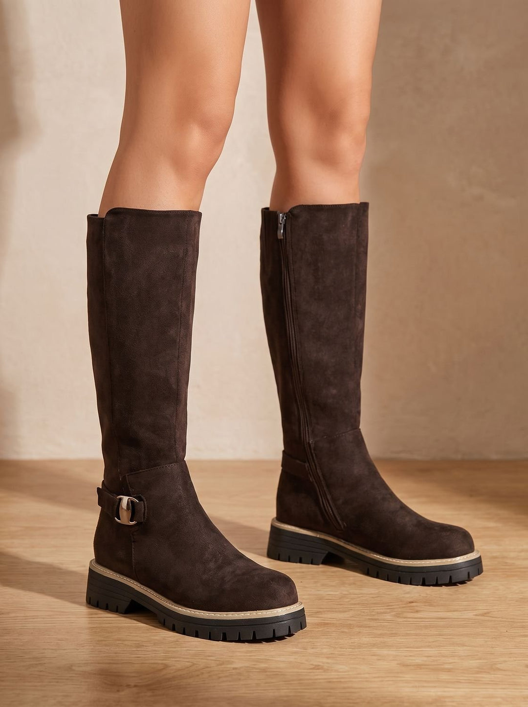 Women's Suede-Style Buckle-Accent Side-Zip Knee High Boots, Black
