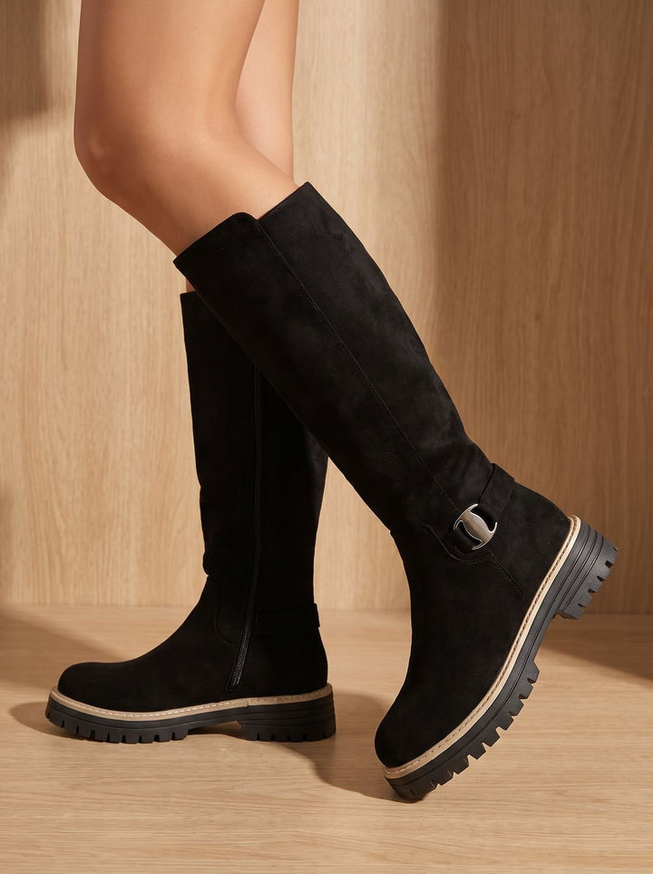 Women's Suede-Style Buckle-Accent Side-Zip Knee High Boots, Black