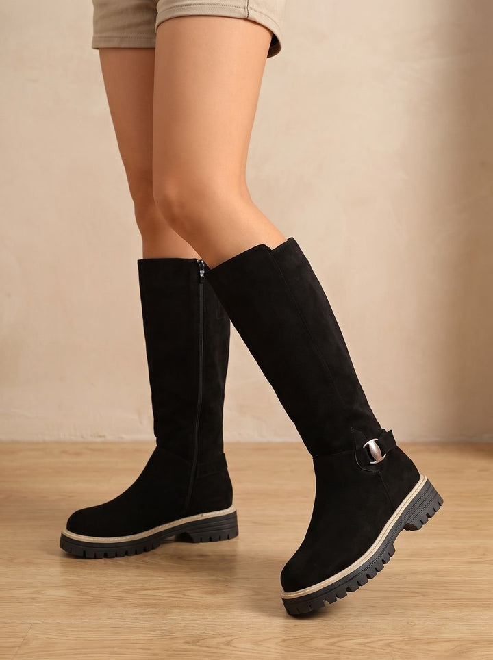 Women's Suede-Style Buckle-Accent Side-Zip Knee High Boots, Black