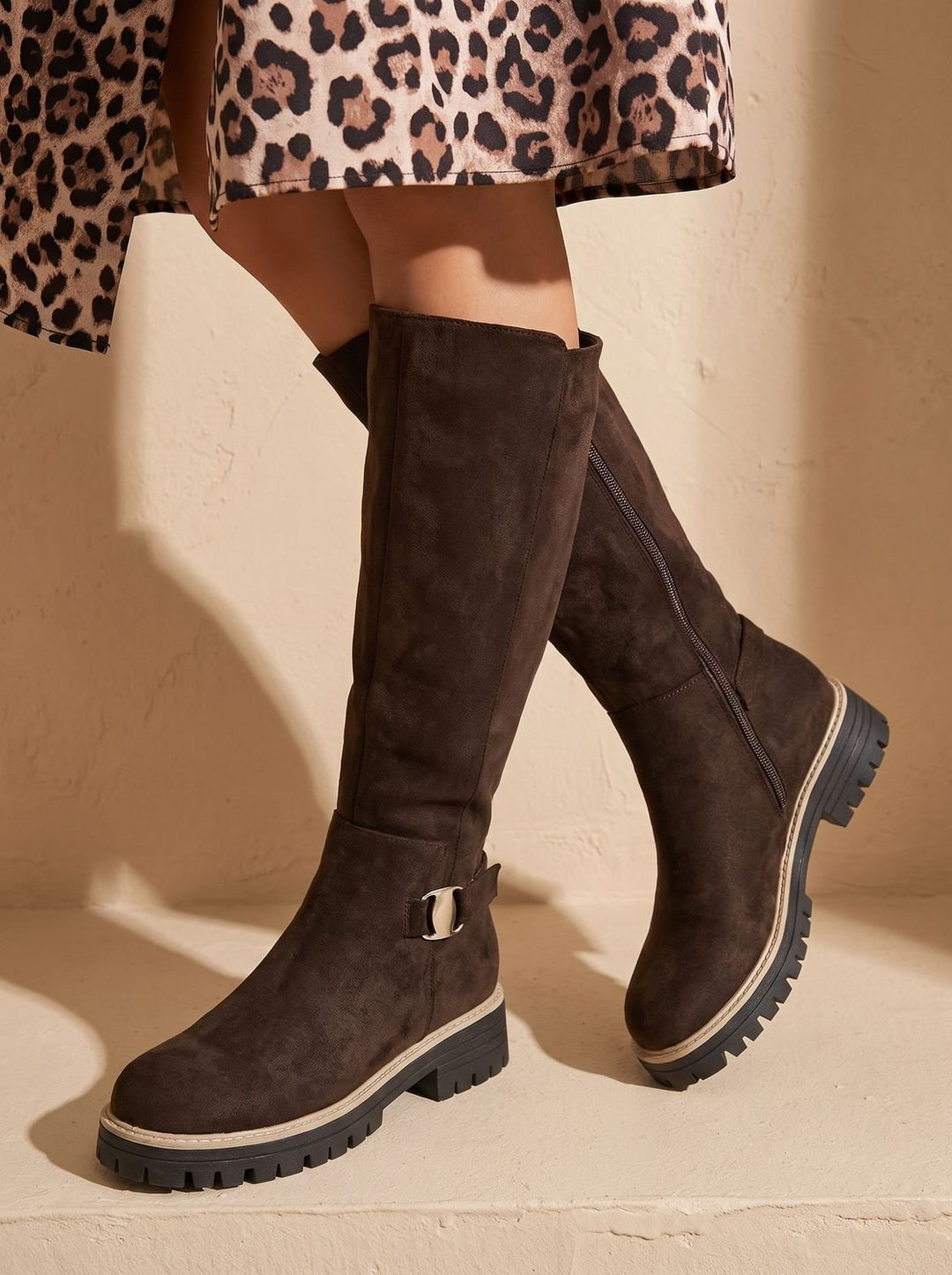 Women's Suede-Style Buckle-Accent Side-Zip Knee High Boots, Black - Brown