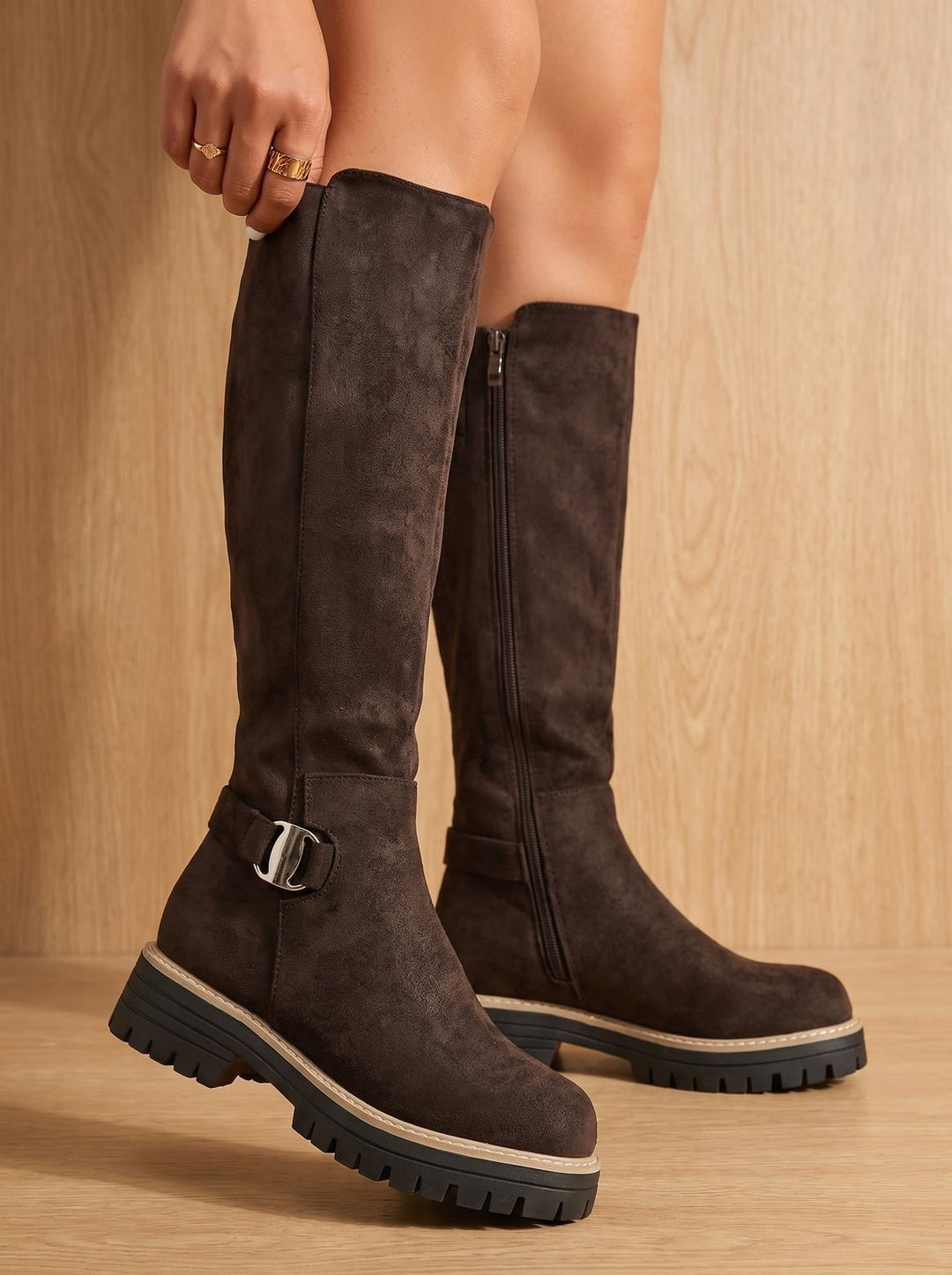 Women's Suede-Style Buckle-Accent Side-Zip Knee High Boots, Black