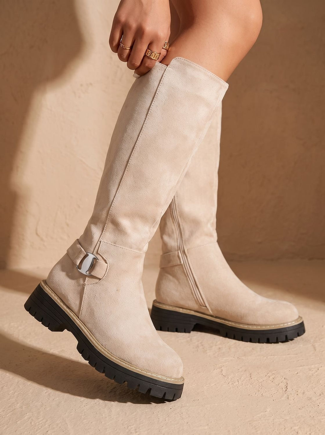 Women's Suede-Style Buckle-Accent Side-Zip Knee High Boots, Black - Beige