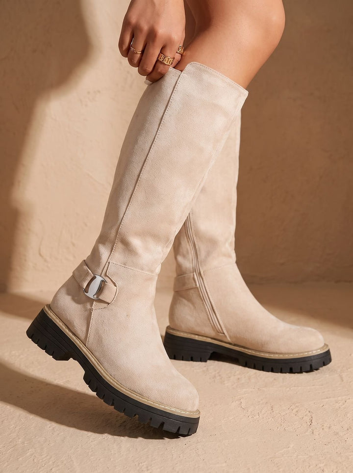 Women's Suede-Style Buckle-Accent Side-Zip Knee High Boots, Black - Beige