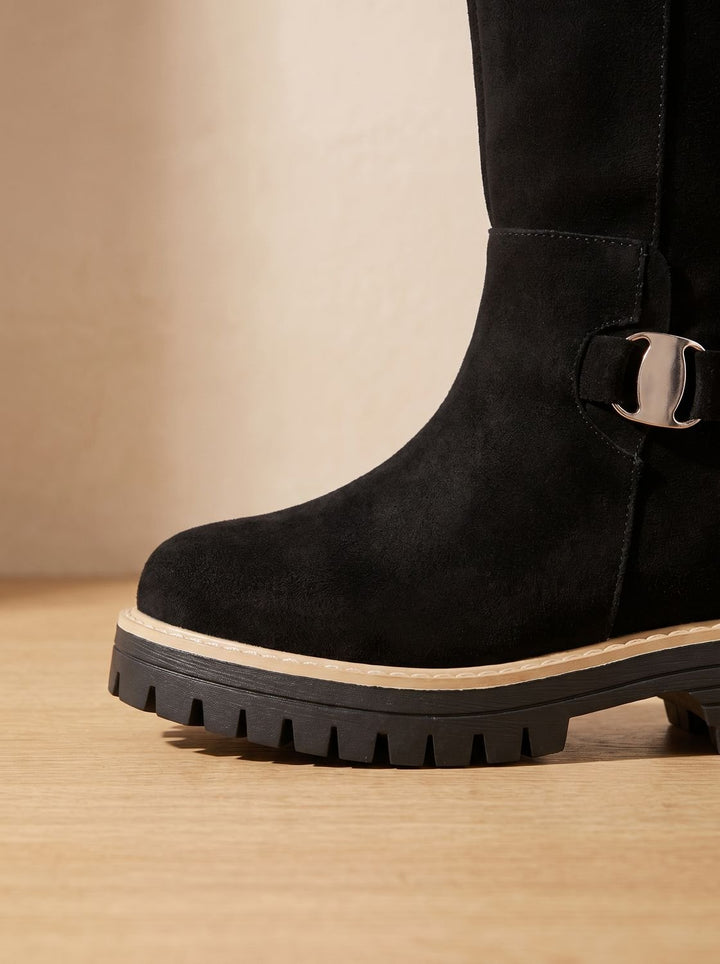 Women's Suede-Style Buckle-Accent Side-Zip Knee High Boots, Black