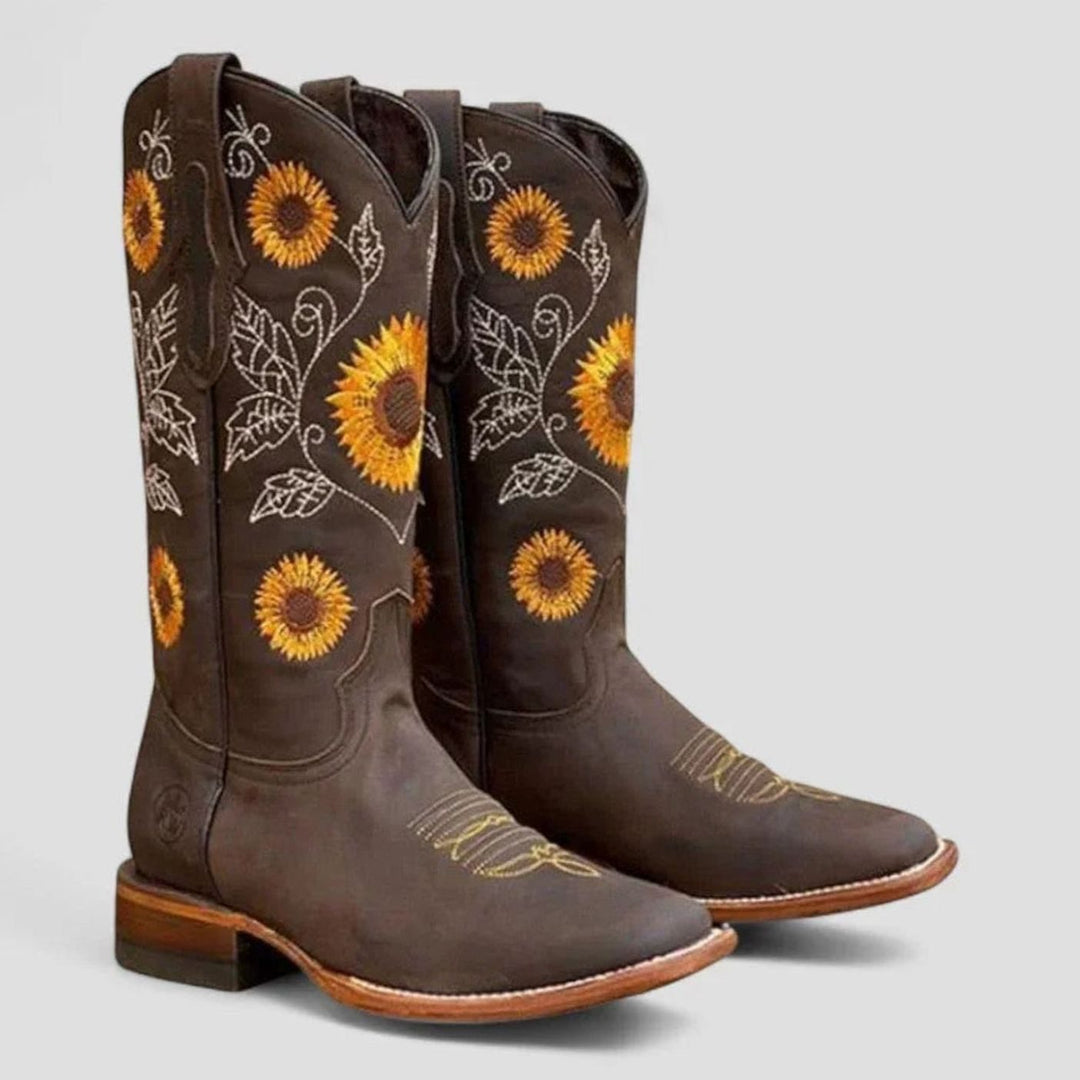 Women's Sunflower-Embroidered Square-Toe Western Cowboy Boots - Dark Brown