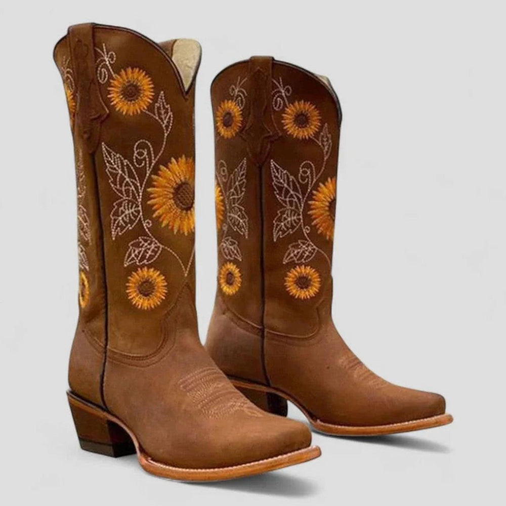 Women's Sunflower-Embroidered Square-Toe Western Cowboy Boots - Brown