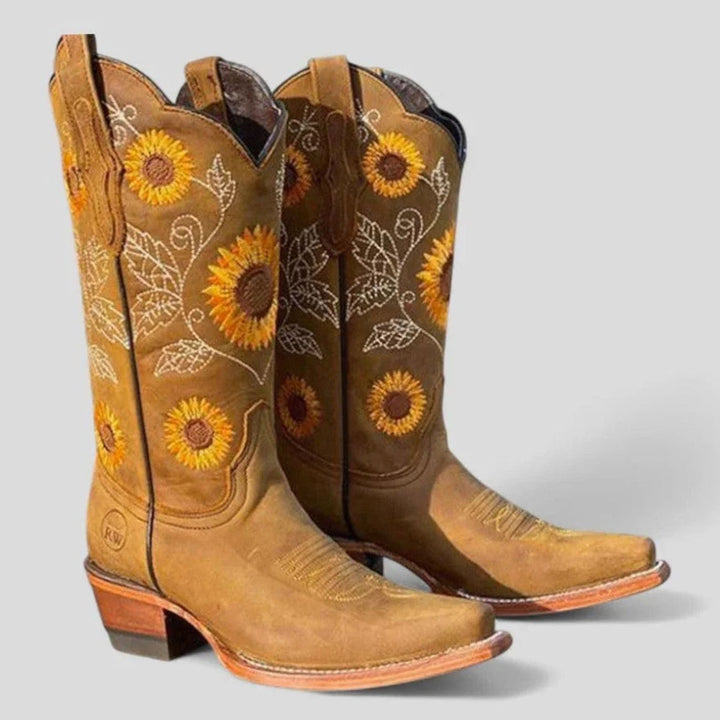 Women's Sunflower-Embroidered Square-Toe Western Cowboy Boots - Khaki
