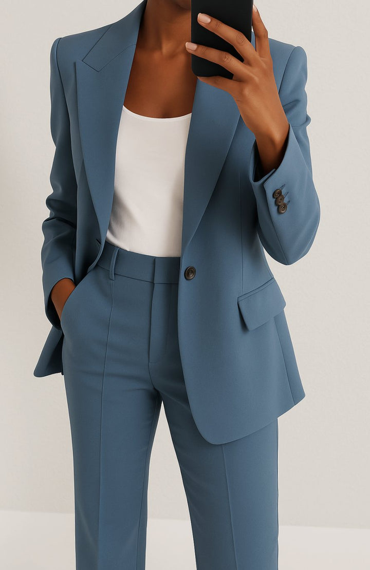 Women's Tailored Blazer Pants Suit Set Single-Button Professional - Blue
