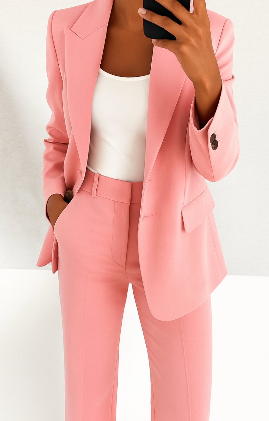Women's Tailored Blazer Pants Suit Set Single-Button Professional - Pink