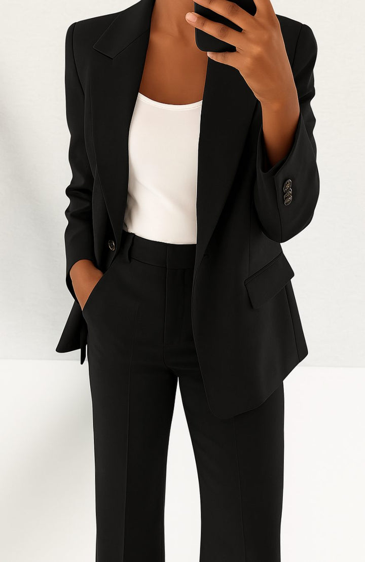 Women's Tailored Blazer Pants Suit Set Single-Button Professional - Black