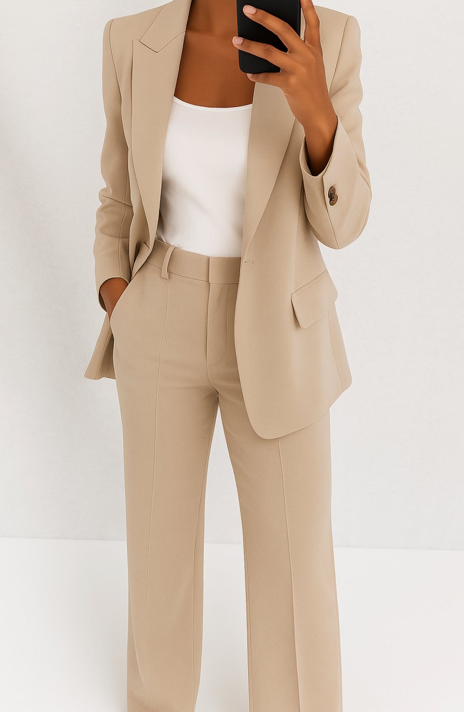 Women's Tailored Blazer Pants Suit Set Single-Button Professional - Beige