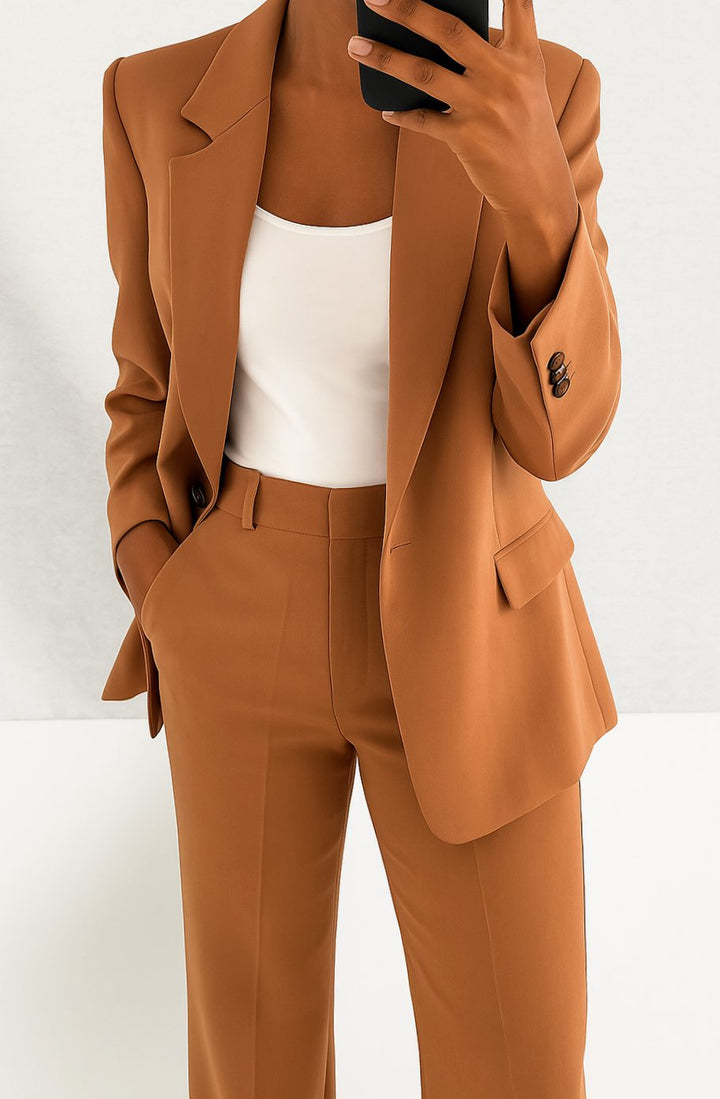 Women's Tailored Blazer Pants Suit Set Single-Button Professional - Brown