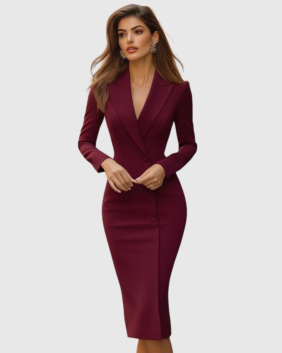 Women's Tailored Blazer-Style Long Sleeve Dress Midi Sheath