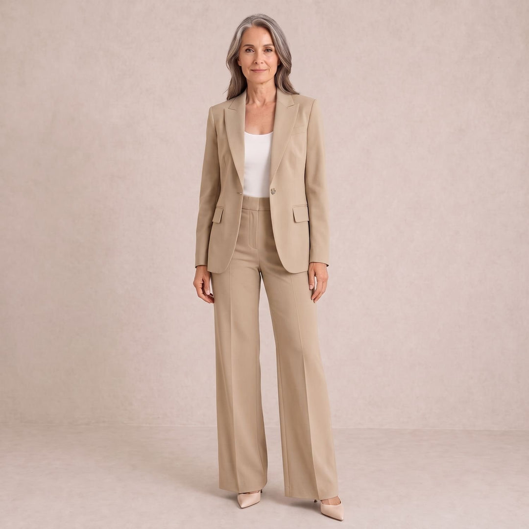 Women's Tailored Blazer Wide-Leg Trouser Two Piece Set - Beige