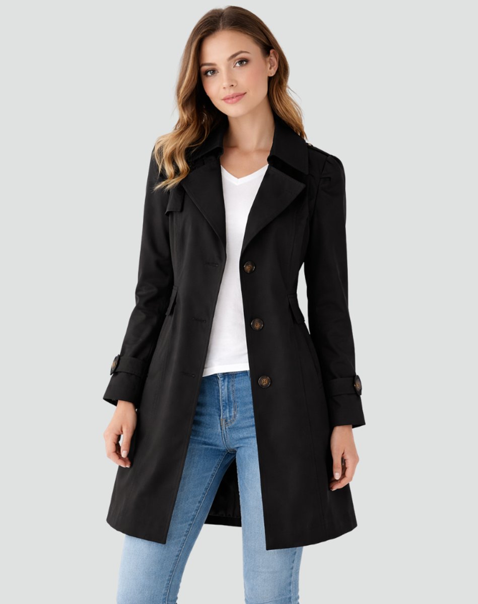 Women's Tailored Mid-Length Double-Breasted Trench Coat - Black