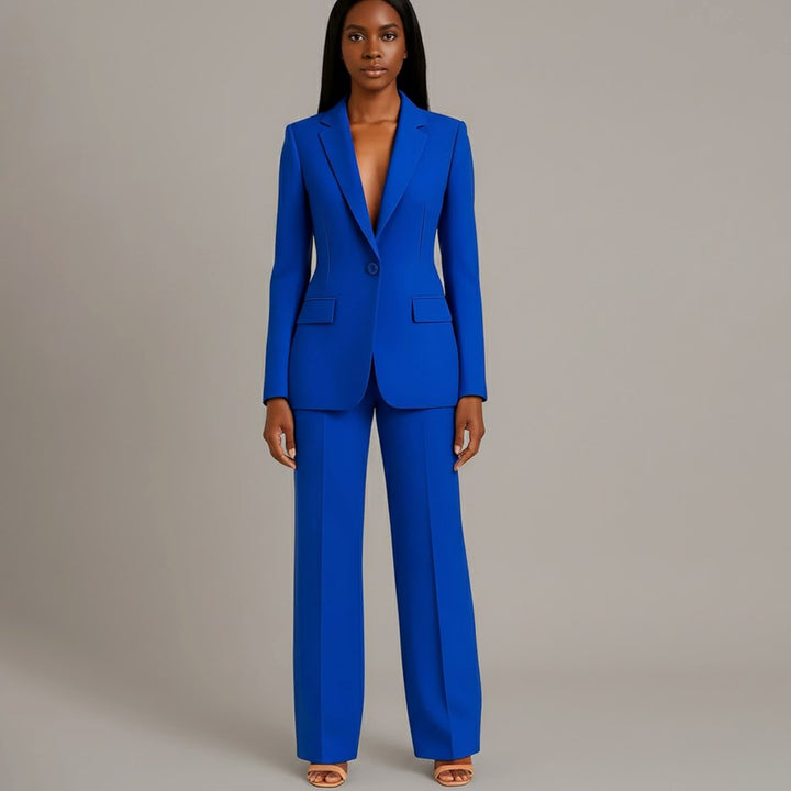 Women's Tailored Single-Button Blazer Pants Suit Set - Blue