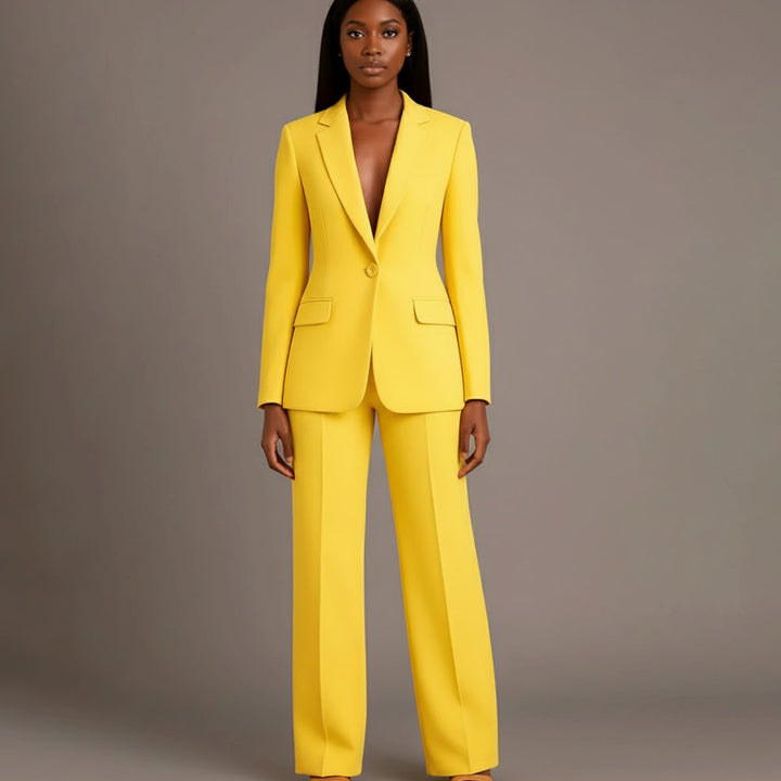 Women's Tailored Single-Button Blazer Pants Suit Set - Yellow